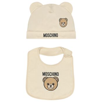 Beige Teddy Bear Logo Hat & Bib Baby Gift Set