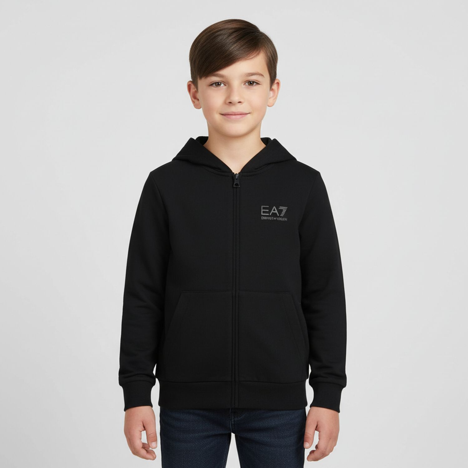 Boys Black Logo Hooded Zip Up Top, 1, hi-res
