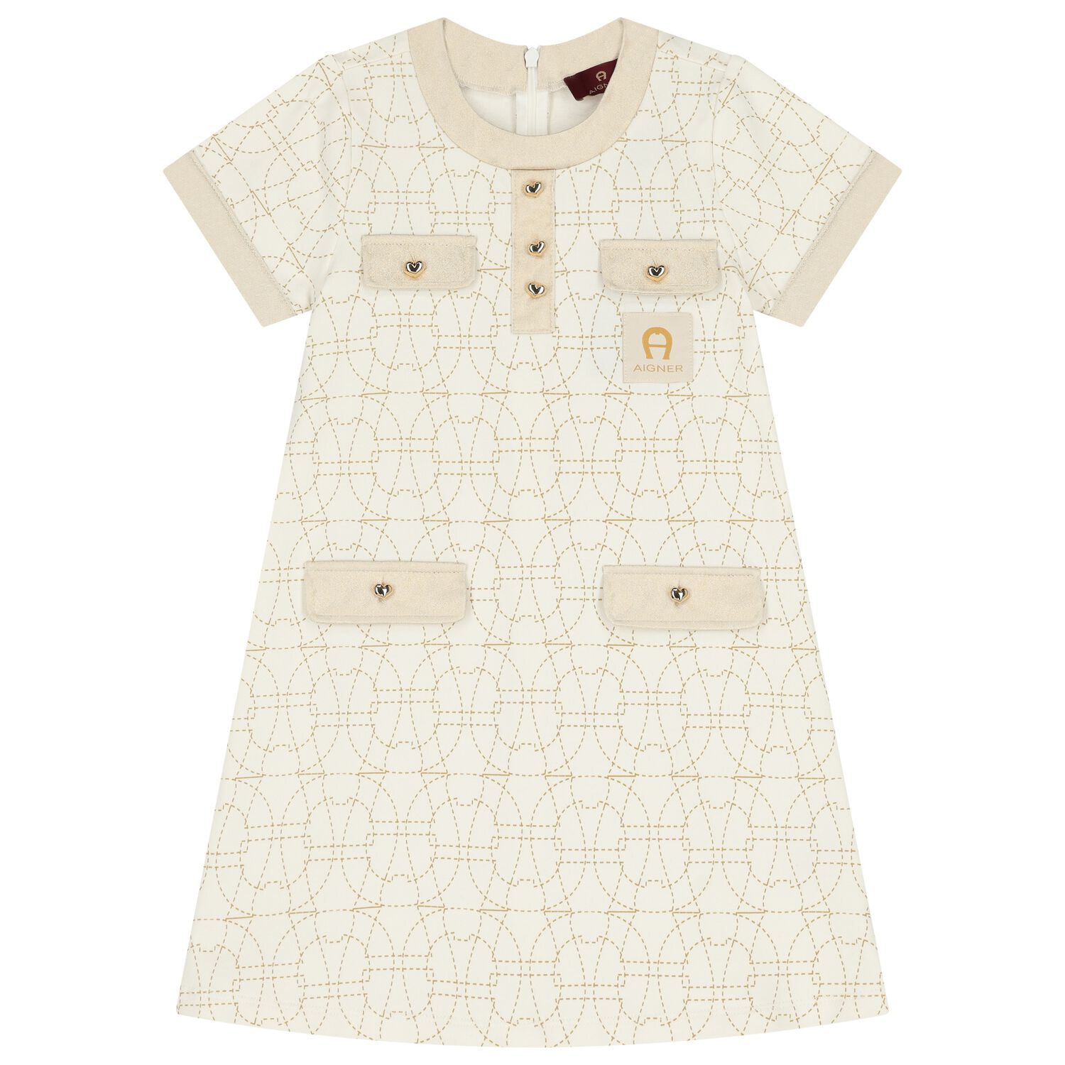 Girls Ivory & Gold Logo Dress, 1, hi-res