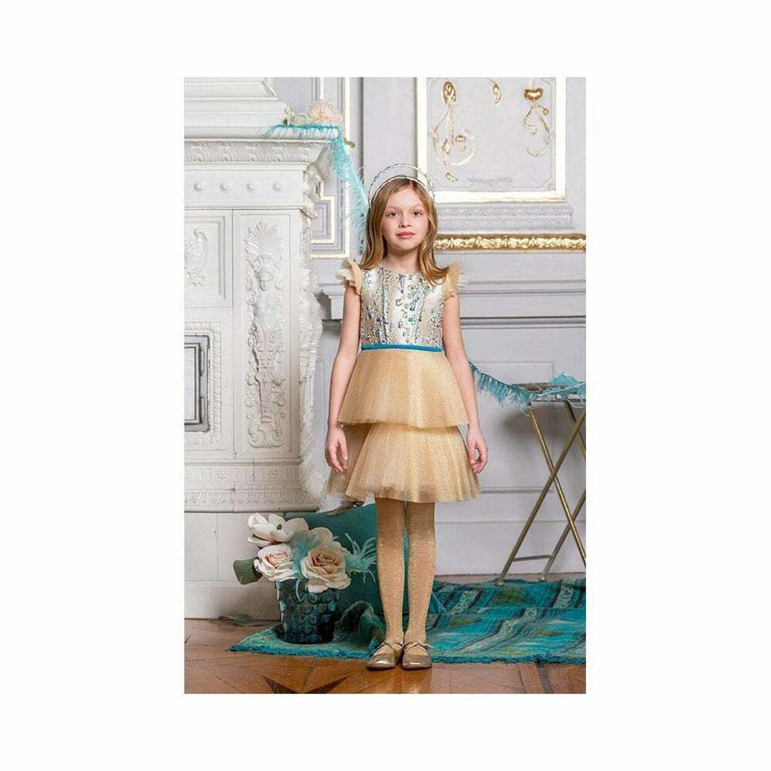 Girls Gold & Turquoise Special Occasion Tulle Dress, 1, hi-res