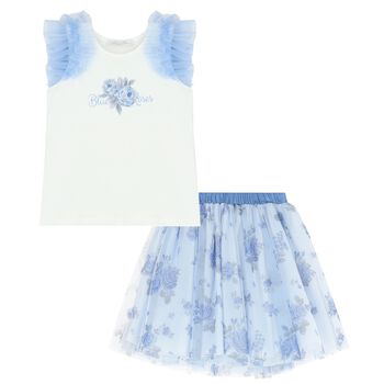 Girls White & Blue Floral Skirt Set