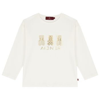 Girls Ivory & Gold Teddy Bear Logo Long Sleeve Top
