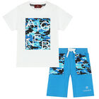 Younger Boys White & Blue Logo Shorts Set, 1, hi-res