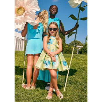 Girls Green & Blue Floral Satin Dress