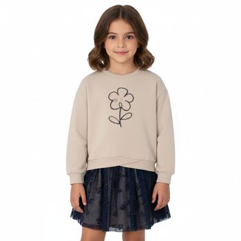 Girls Beige & Navy Blue Flower Skirt Set, 3 Girls Beige & Navy Blue Flower Skirt Set
