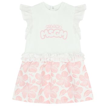 Younger Girls White & Pink Logo Dress