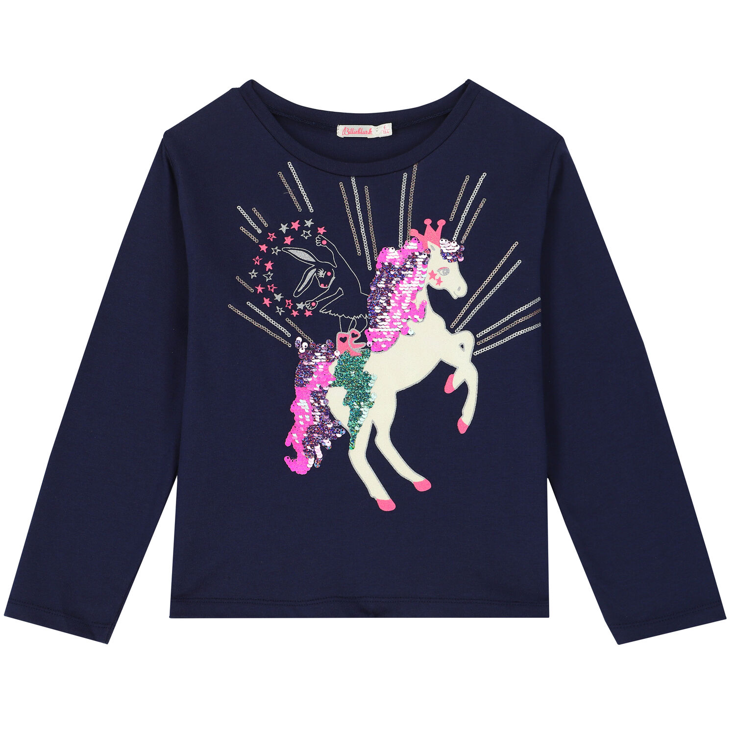 Girls Navy Unicorn Sequin Long Sleeve Top, 1, hi-res image number null