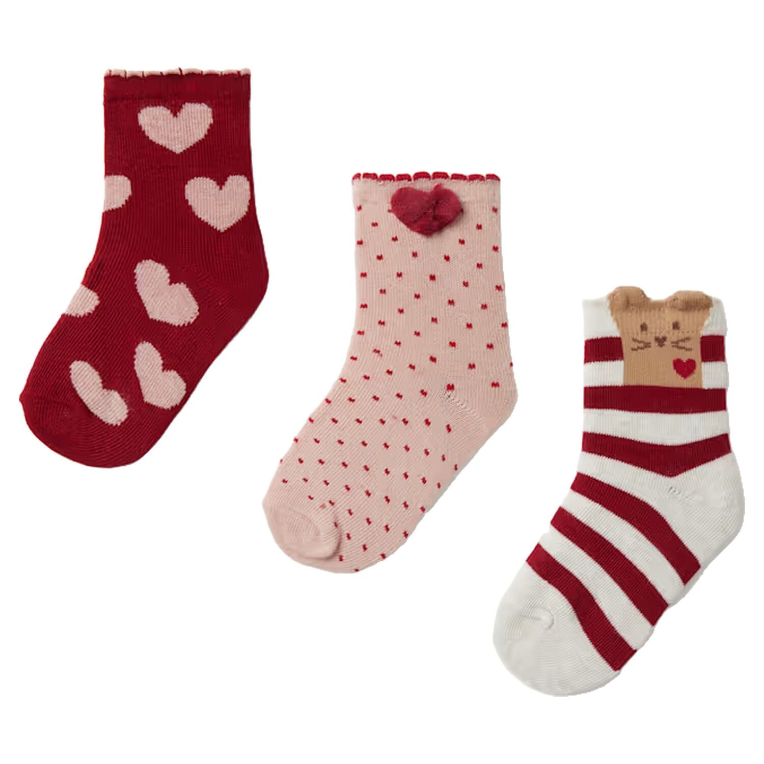 Younger Girls Red, Pink & Ivory Heart Socks ( 3 Pack ), 3, hi-res