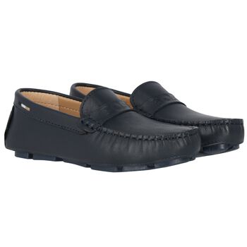 Boys Navy Blue Logo Moccasins