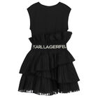 Girls Black Logo Pleated Organza Dress, 1, hi-res