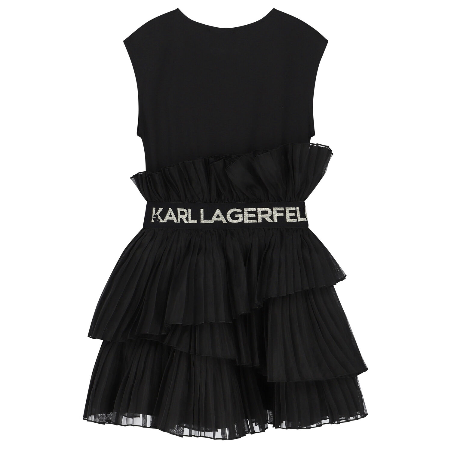 Girls Black Logo Pleated Organza Dress, 1, hi-res