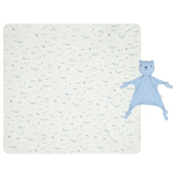 Baby Boys White & Blue Comforter & Blanket Gift Set