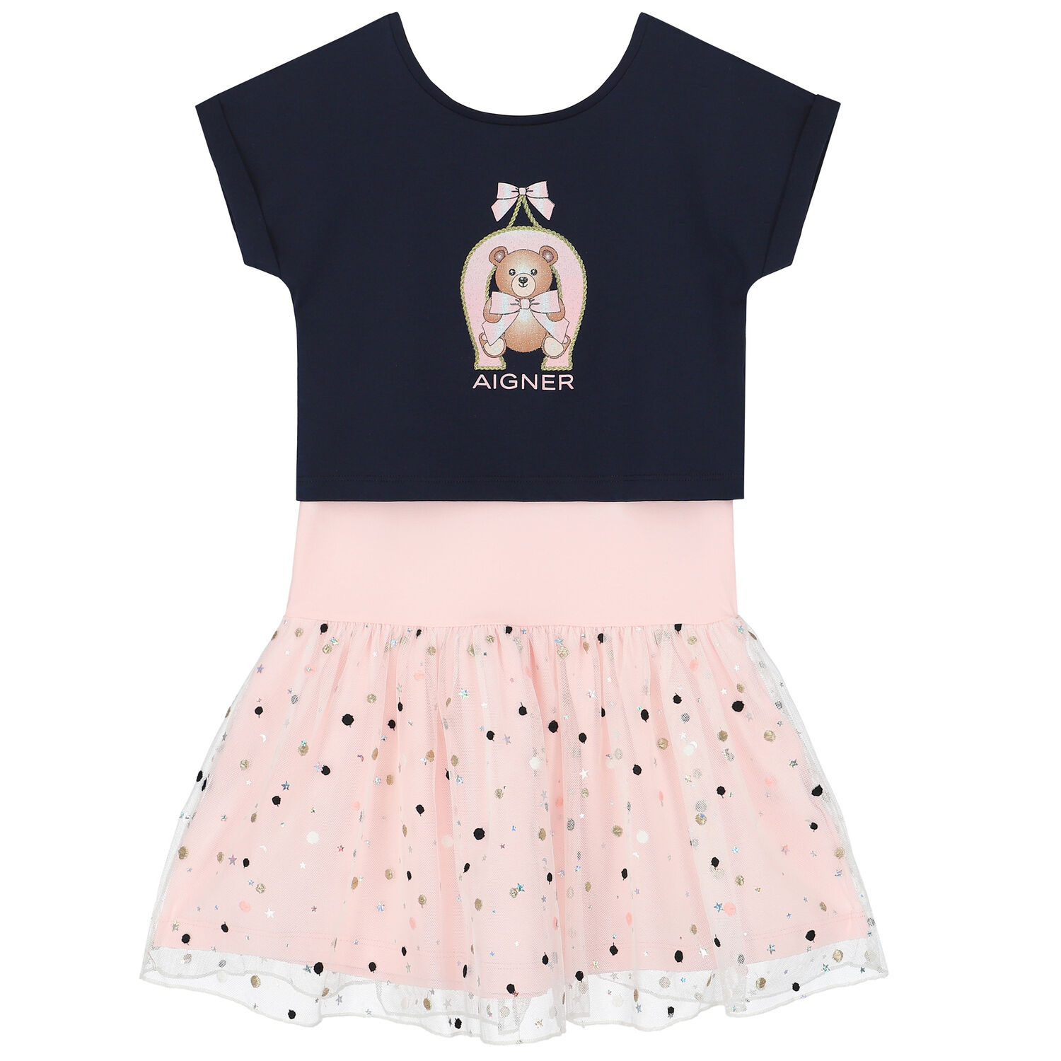 Girls Navy & Pink Logo Tulle Dress Set, 1, hi-res