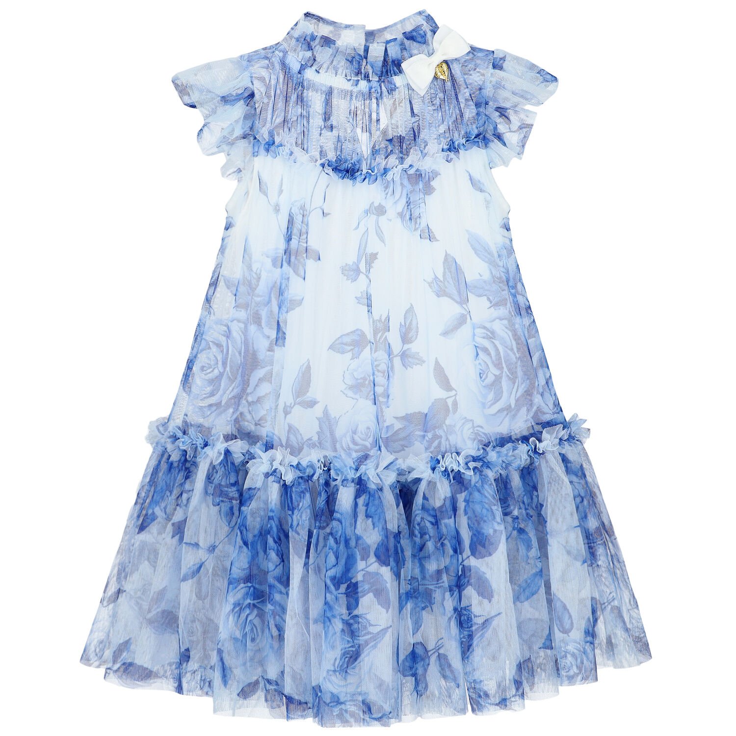 Girls White & Blue Floral Tulle Dress, 1, hi-res