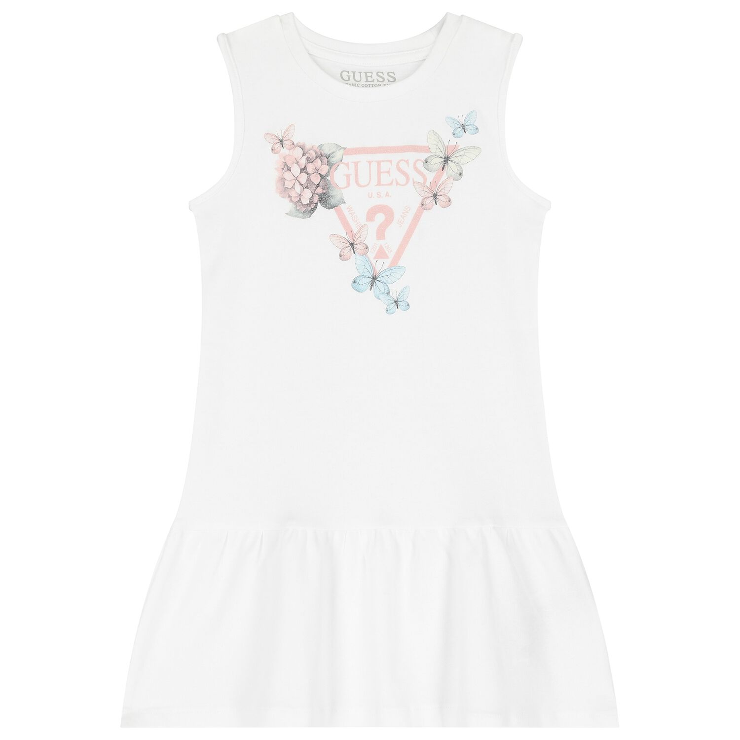 Girls White Cotton Butterfly Logo Dress, 2, hi-res