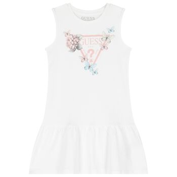 Girls White Cotton Butterfly Logo Dress