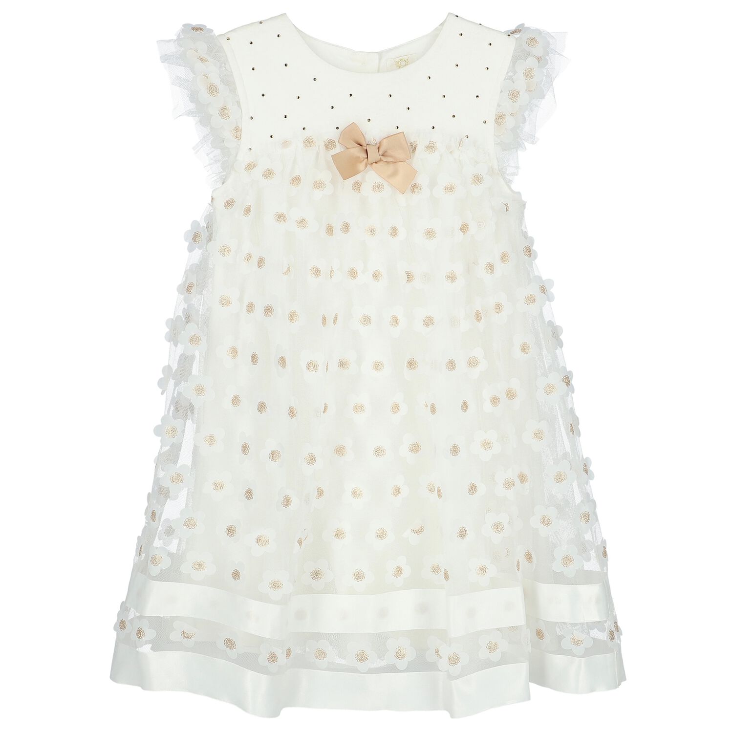 Girls Ivory & Gold Tulle Dress, 1, hi-res