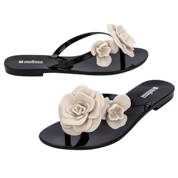 Girls Black & Beige Logo Flower Flip Flops