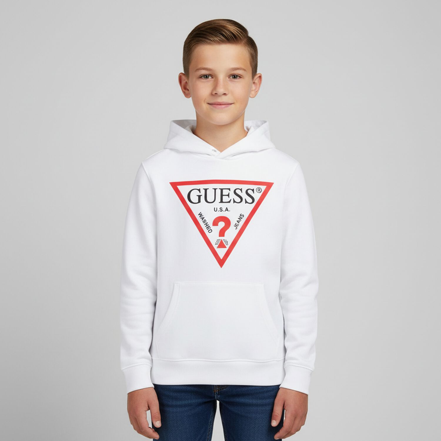 Boys White Logo Hooded Top, 2, hi-res image number null