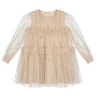 Girls Beige & Gold Star Tulle Dress, 1, hi-res