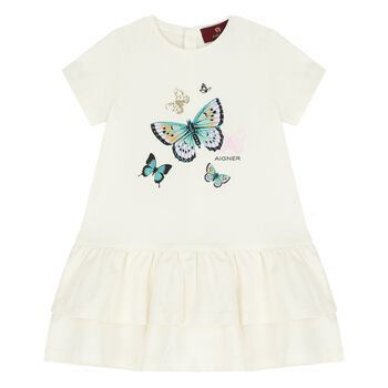 Younger Girls Ivory Butterflies Logo Dress