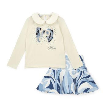 Girls White & Blue Logo Swirl Skirt Set