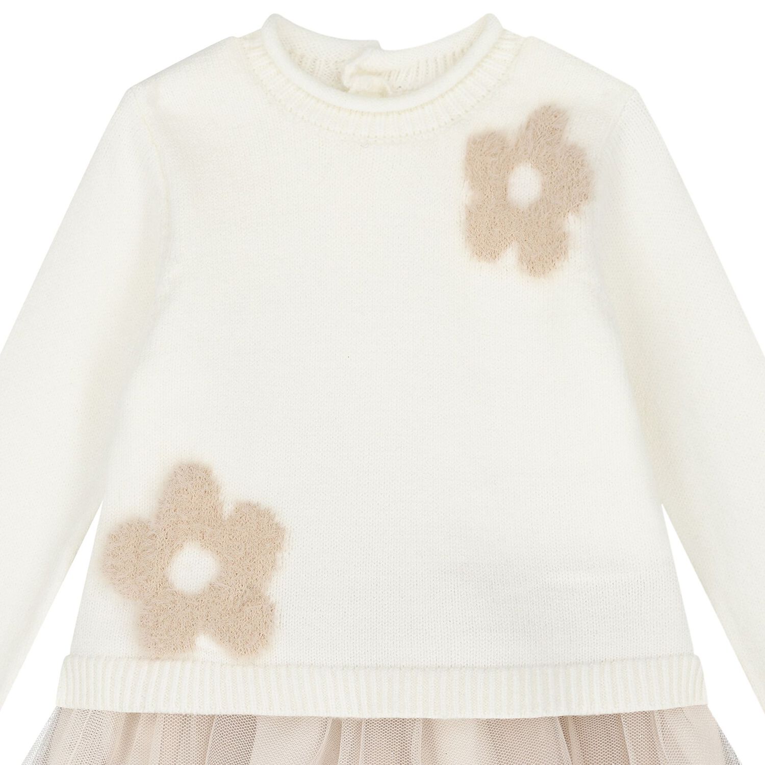 Baby Girls Ivory & Beige Knit & Tulle Flower Dress, 1, hi-res