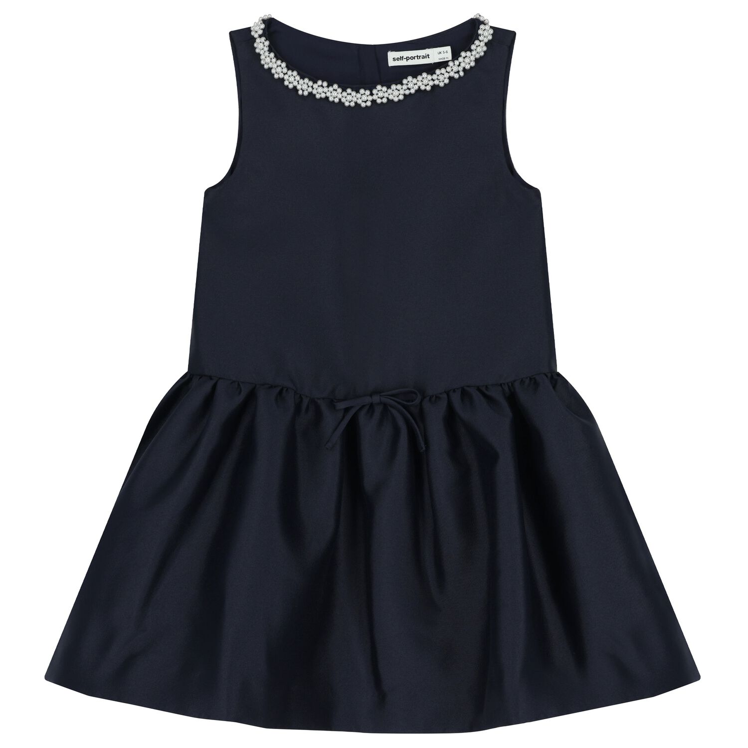 Girls Navy Blue Pearl Satin Dress, 1, hi-res