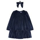 Girls Navy Blue Sparkle Velvet Dress Set, 3, hi-res