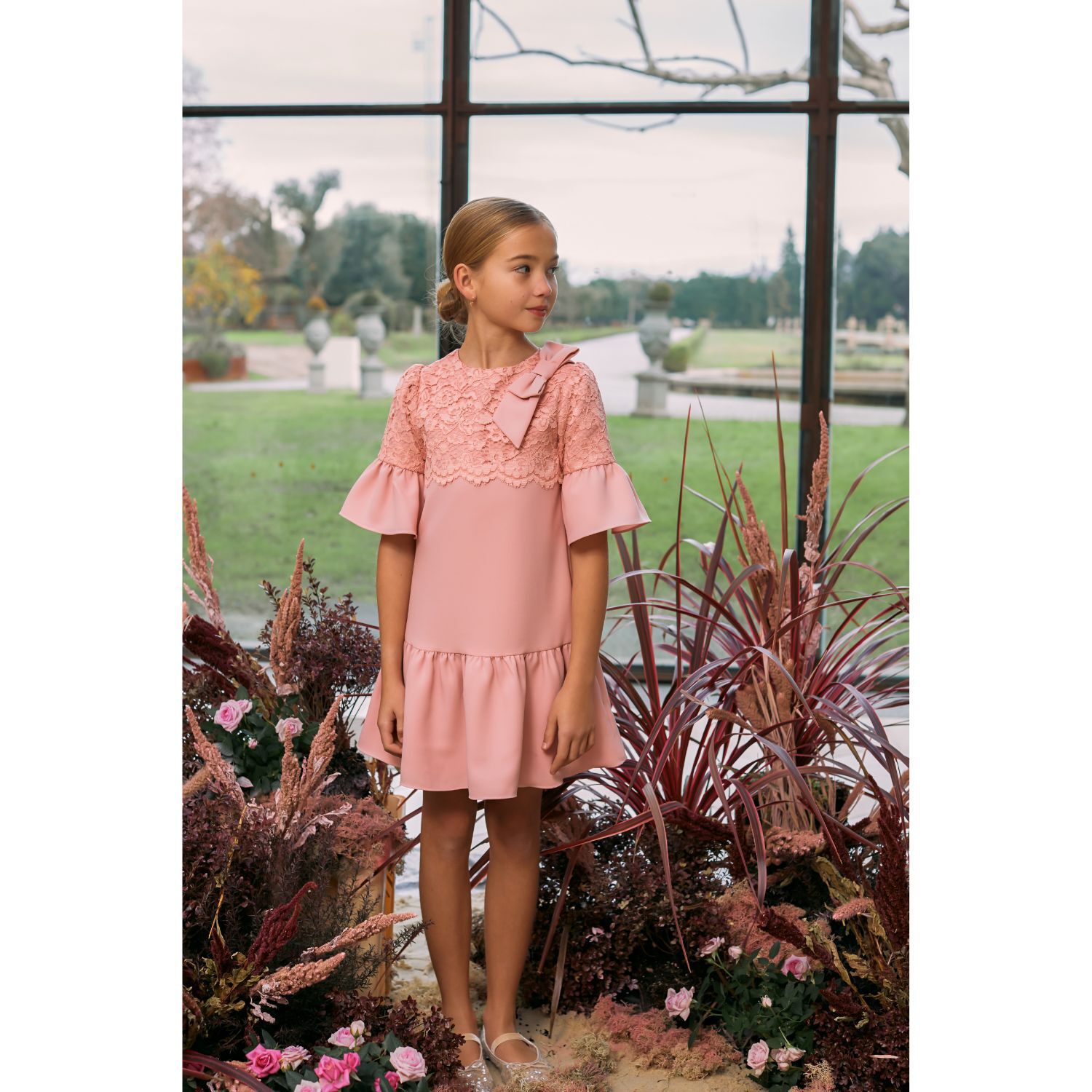 Girls Pink Lace Dress, 1, hi-res