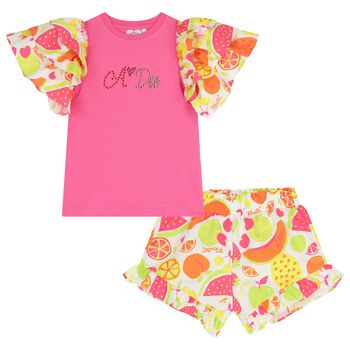 Girls Pink & White Logo Ruffled Shorts Set