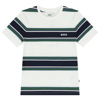 Boys White, Navy & Green Striped T-Shirt