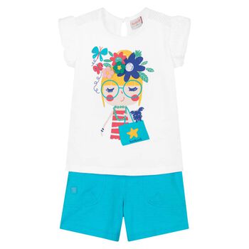 Girls White & Blue Flower Shorts Set