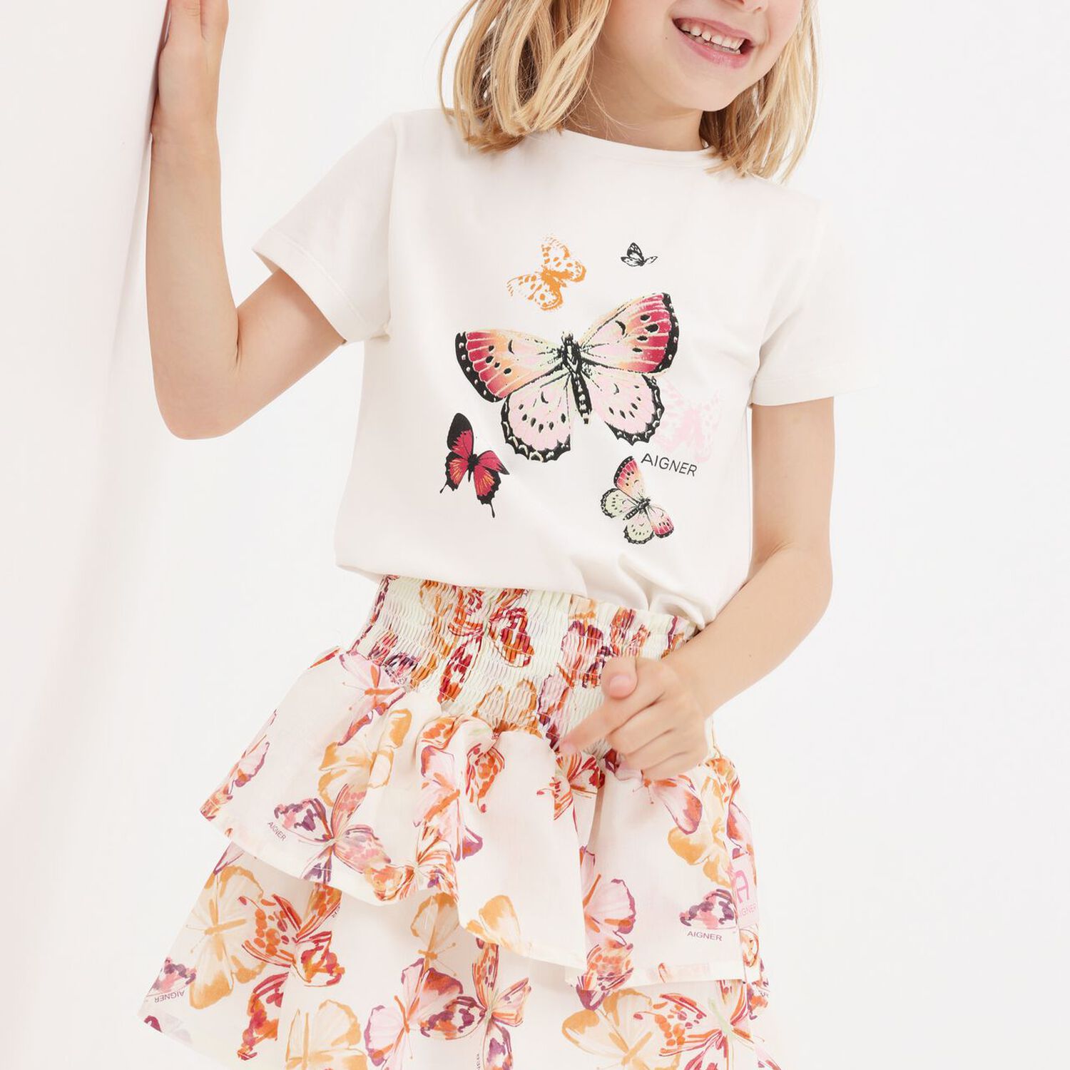 Girls Ivory & Pink Butterflies Logo Skirt, 3, hi-res