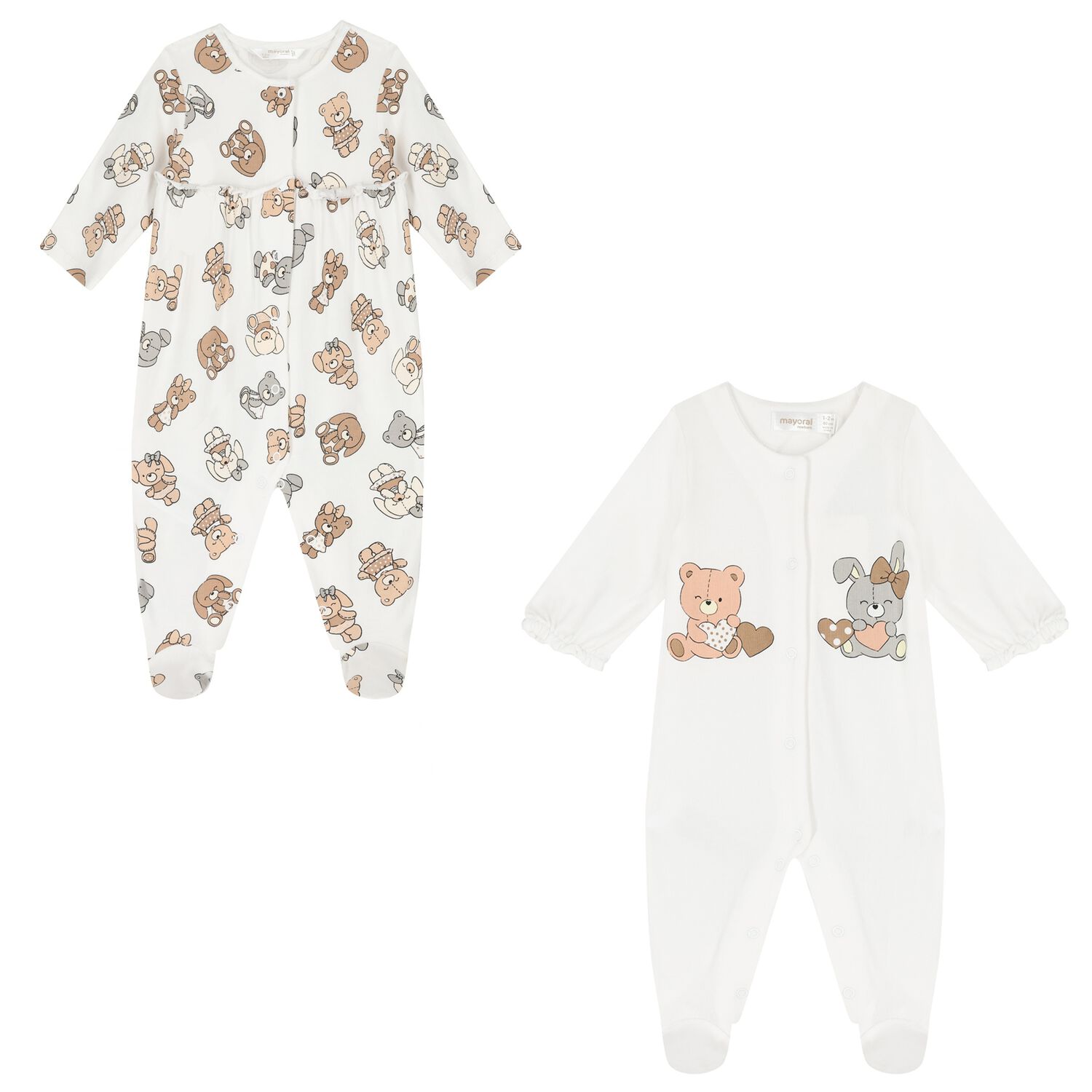 Baby Girls White Bear & Bunny Babygrows ( 2-Pack ), 3, hi-res