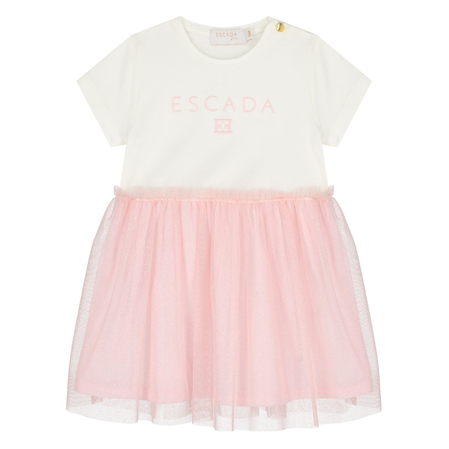 Younger Girls White & Pink Logo Tulle Dress, 1, hi-res