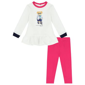 Baby Girls White & Pink Logo Leggings Set