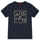 Boys Navy Blue & Gold Logo T-Shirt, 2, hi-res