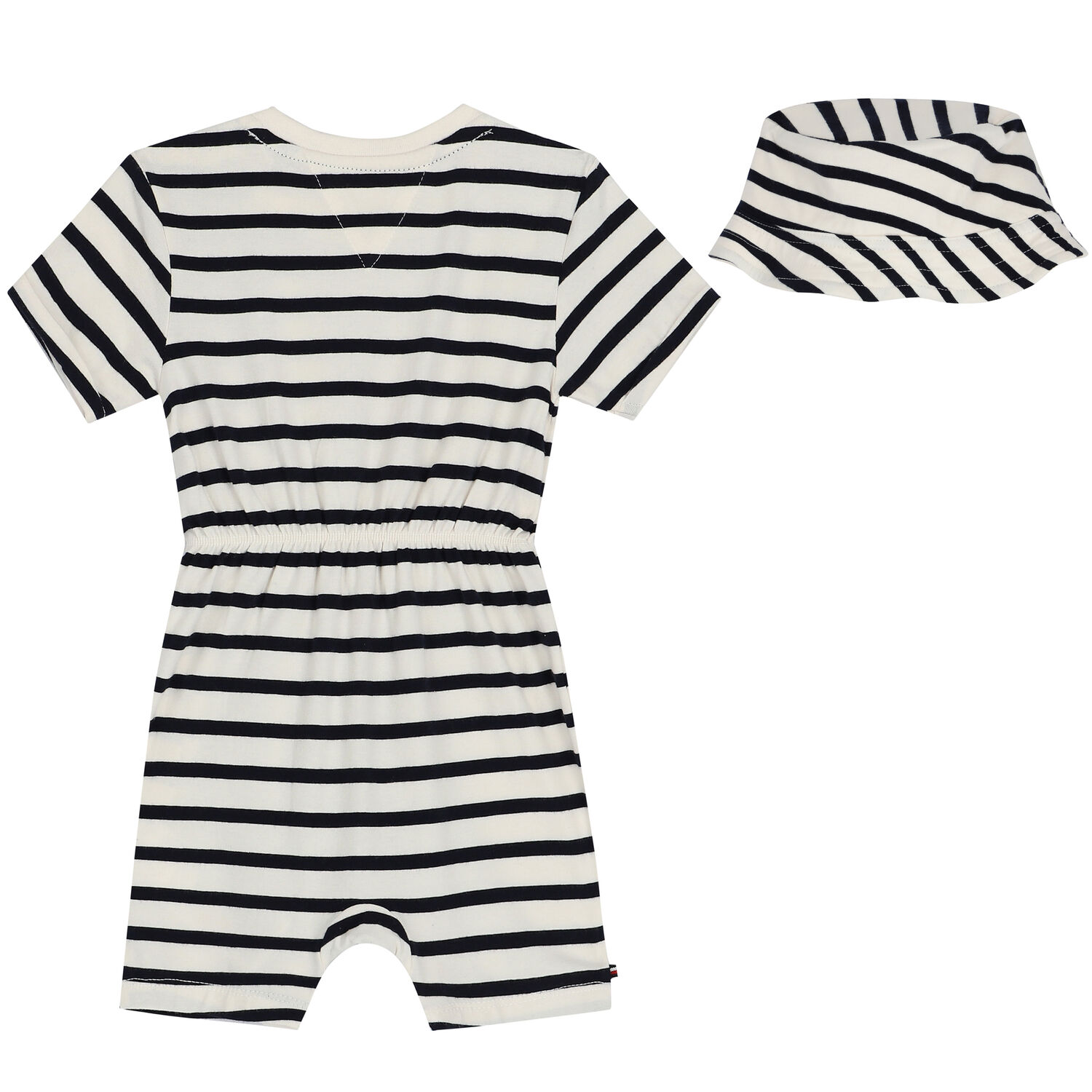 Navy Blue & Ivory Striped Logo Romper & Hat Baby Set, 1, hi-res