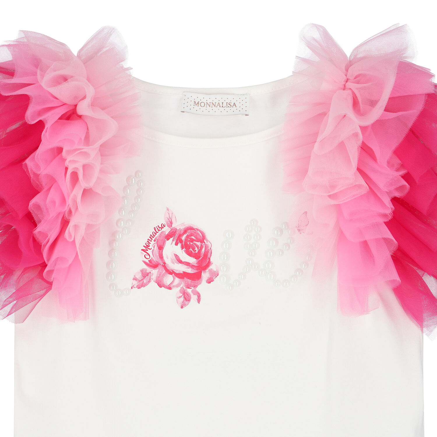 Girls Ivory & Pink Ruffled T-Shirt, 1, hi-res