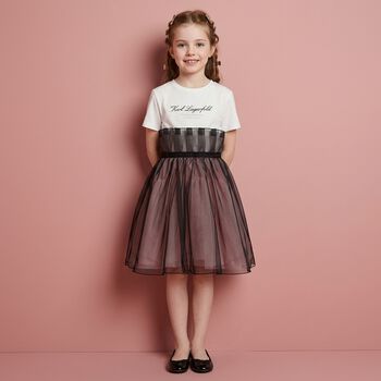 Girls White & Black Organza Dress