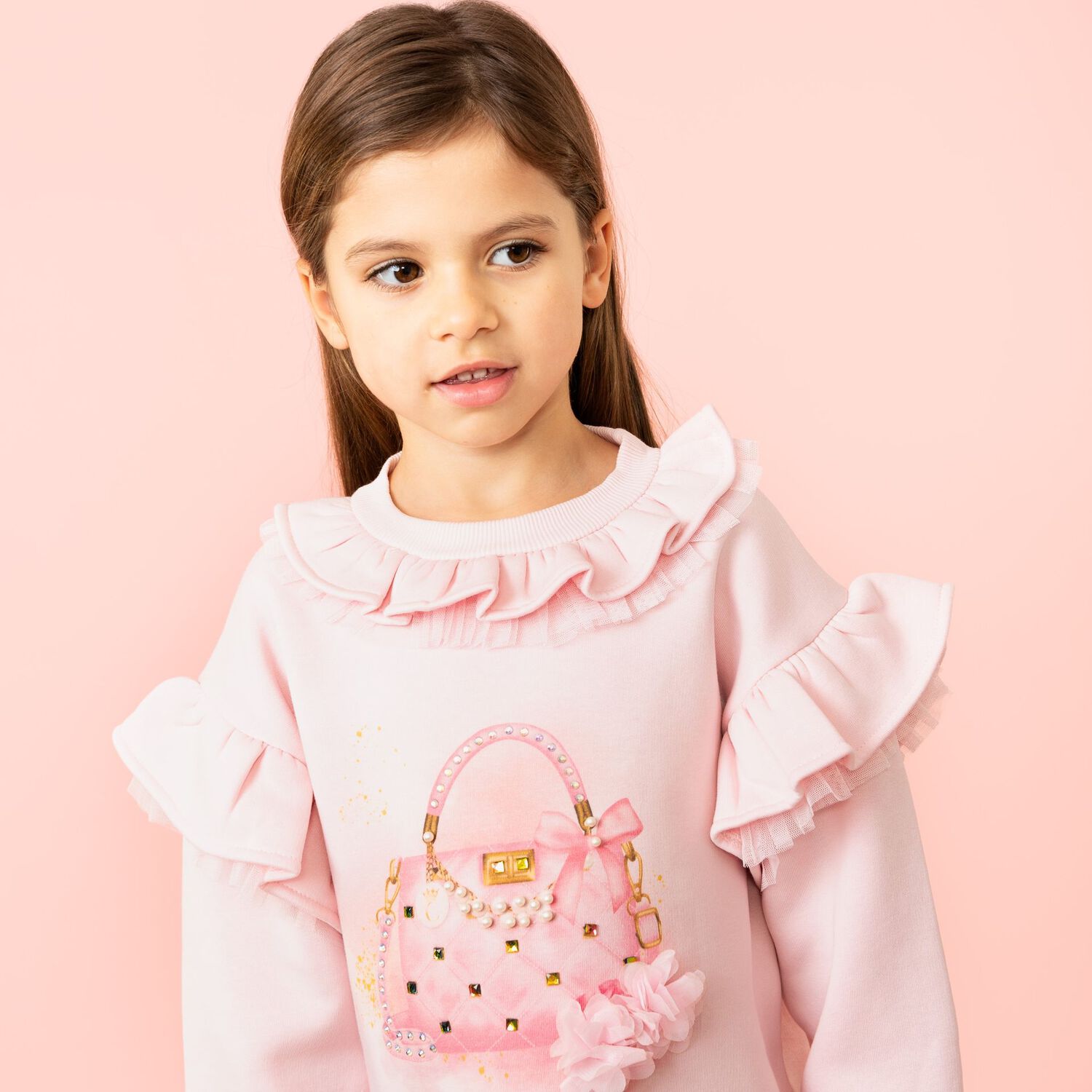 Girls Pink Logo Bag Ruffled Dress, 2, hi-res
