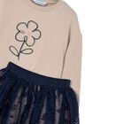 Girls Beige & Navy Blue Flower Skirt Set, 3, hi-res
