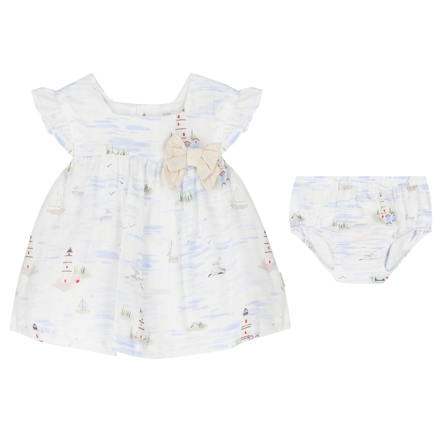 Baby Girls White & Blue Sailboat Dress Set, 1, hi-res