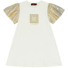 Girls Ivory & Gold Logo Dress, 1, hi-res