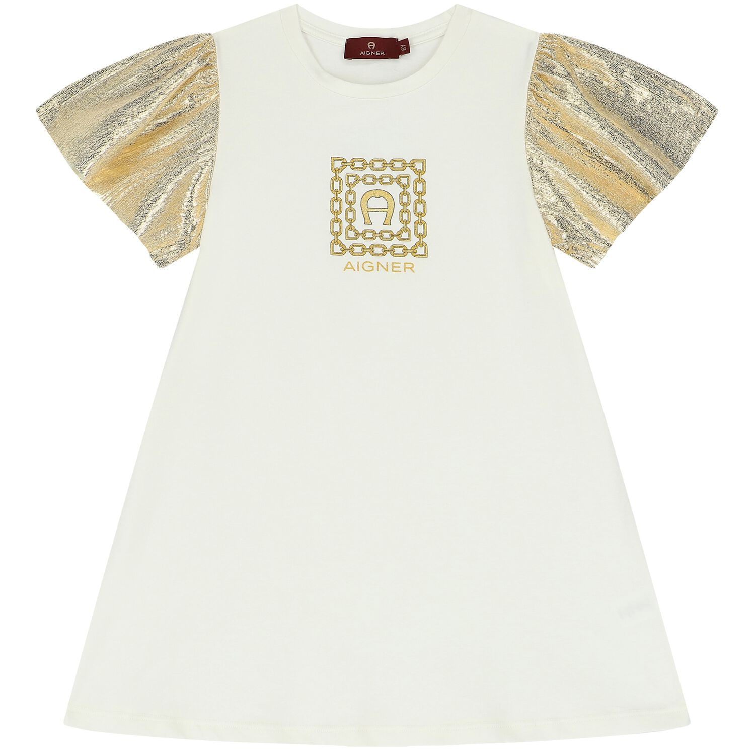 Girls Ivory & Gold Logo Dress, 1, hi-res