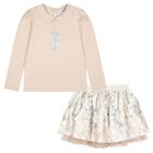 Girls Ivory & Beige Key Skirt Set, 2, hi-res