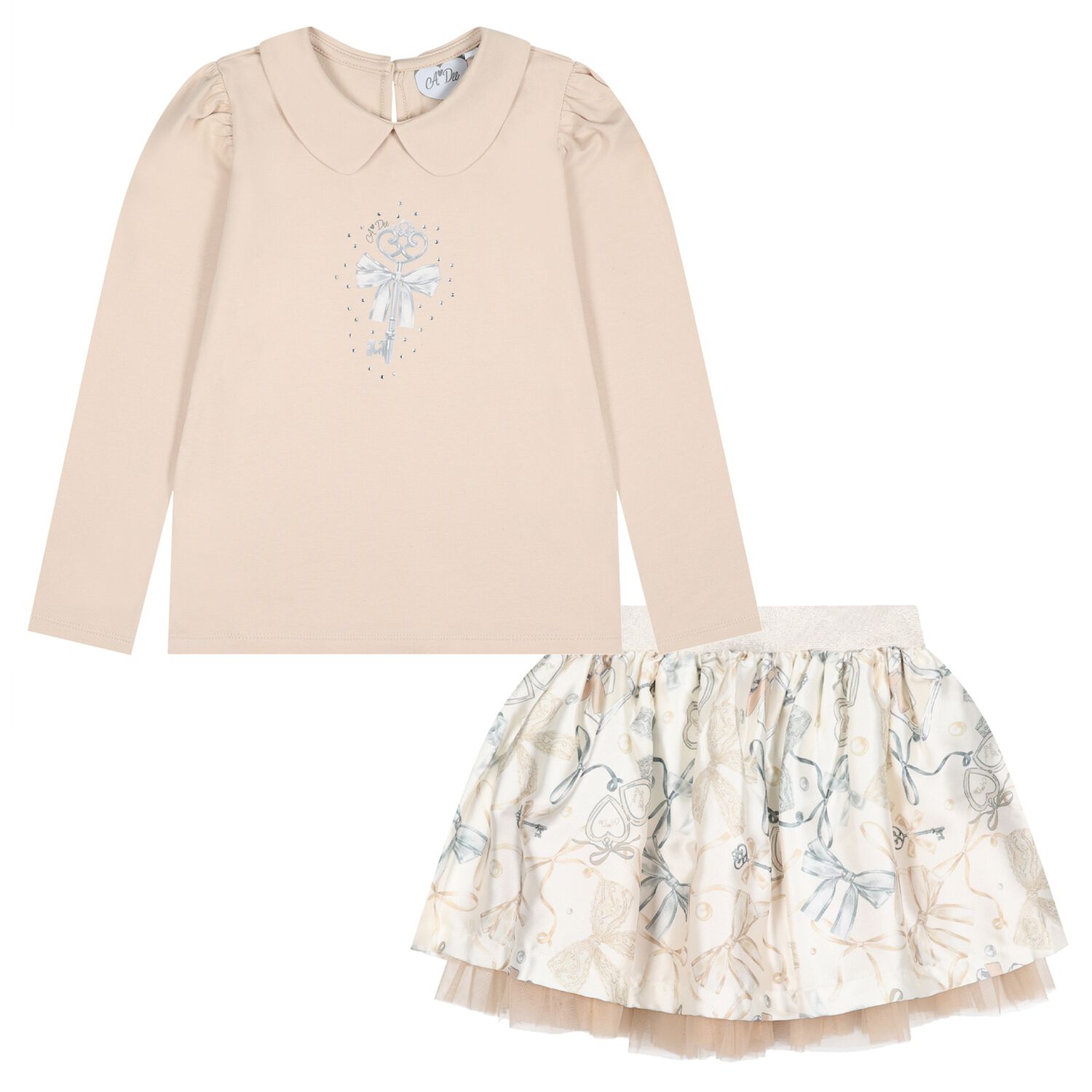 Girls Ivory & Beige Key Skirt Set, 2, hi-res