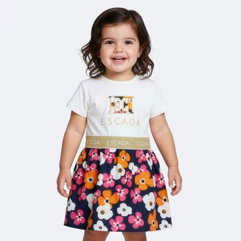Younger Girls Ivory & Navy Blue Logo Floral Dress