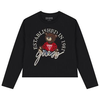 Girls Black Teddy Bear Logo Long Sleeve Top